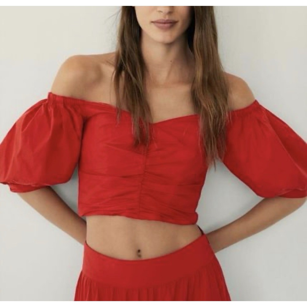 Mango Corset Top Short Puff Sleeve Red Romantic Coquette M Ruched Sweetheart